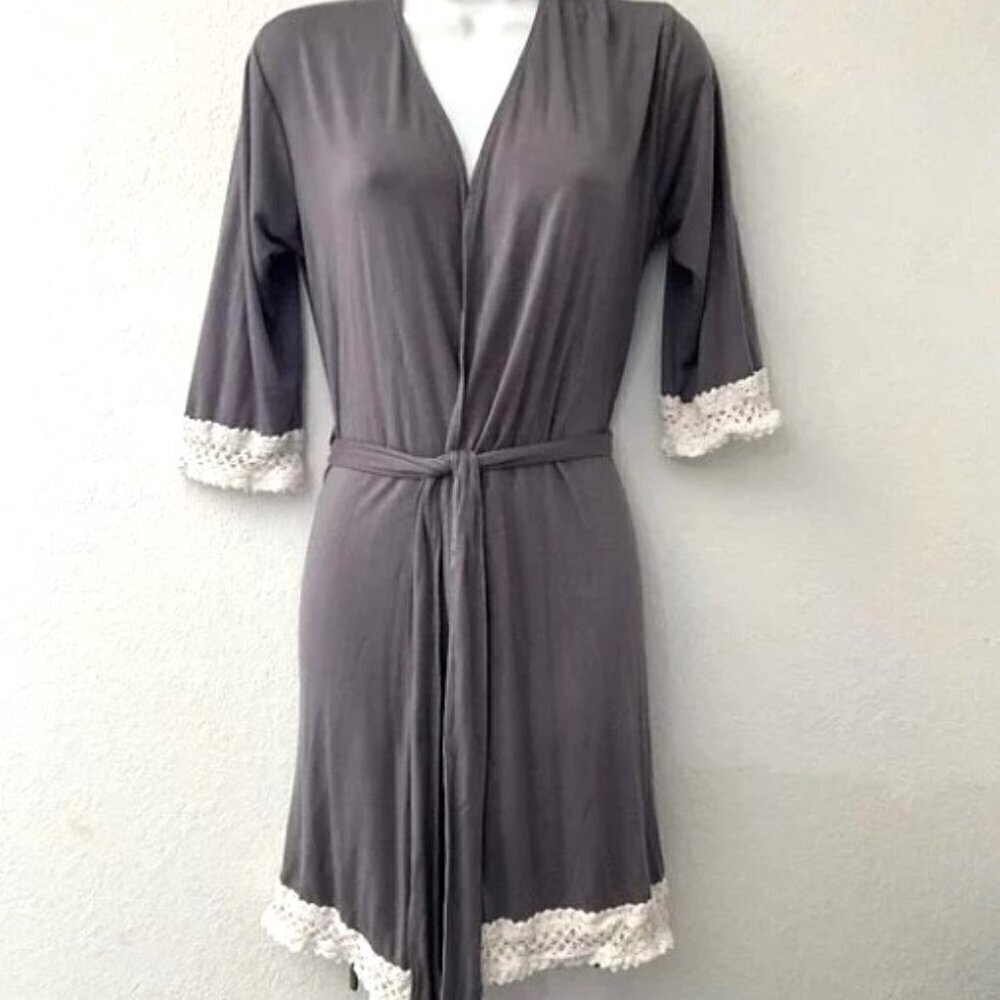 SELINE LOUNGE Grey Lace Trim Knit Robe Kimono Small